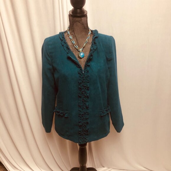 Susan Graver Jacket Womens Size Small Teal Green Zippered Ruffle Collar Blazer - Picture 1 of 6